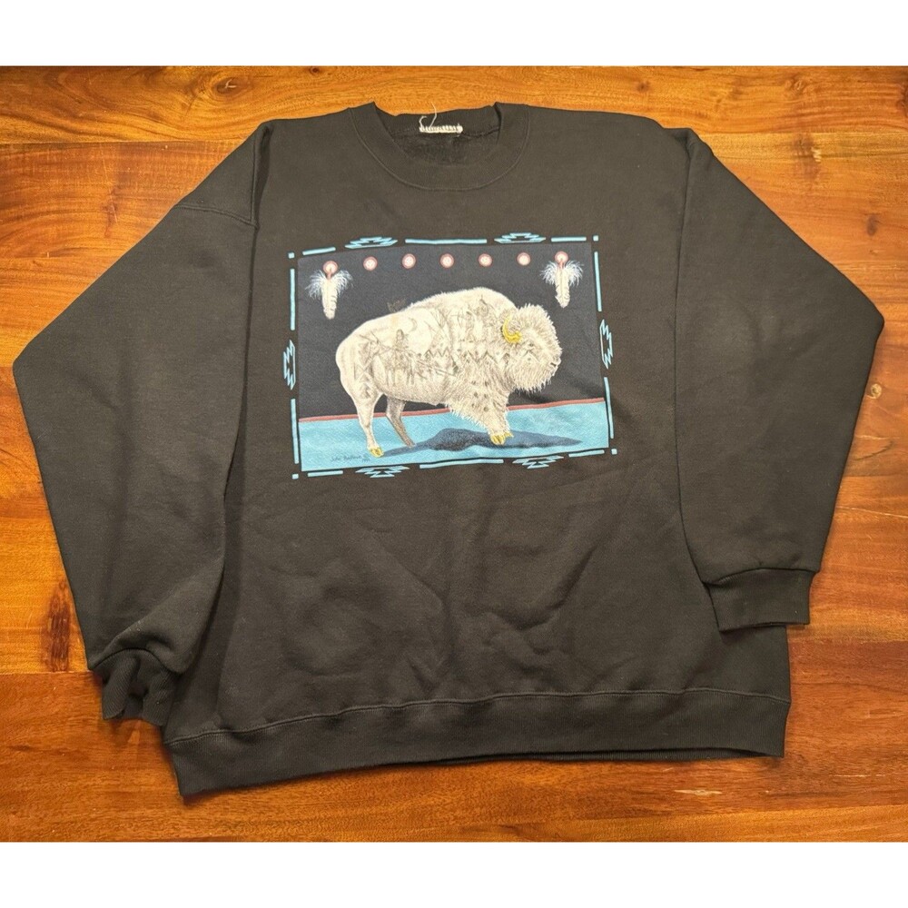 VTG 1991 John Balloue Sacred White Buffalo Sweatshirt Black L/XL AUTOGRAPHED